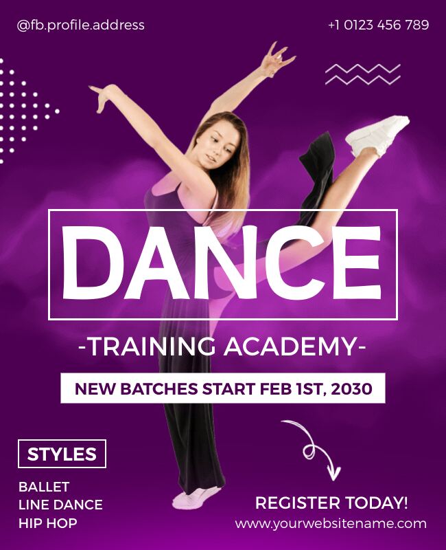 Flyer template for a dance training academy featuring dancer image and event details.