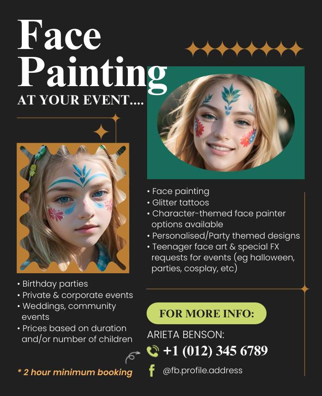 Colorful face painting event flyer with playful paint splashes and family-friendly details