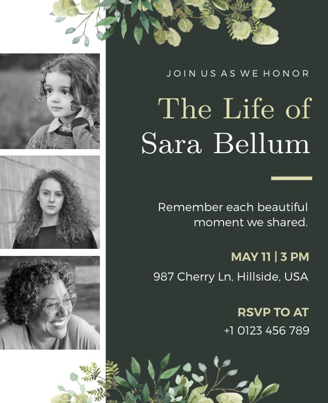 Dark Green Photo Collage Celebration of Life Flyer Template