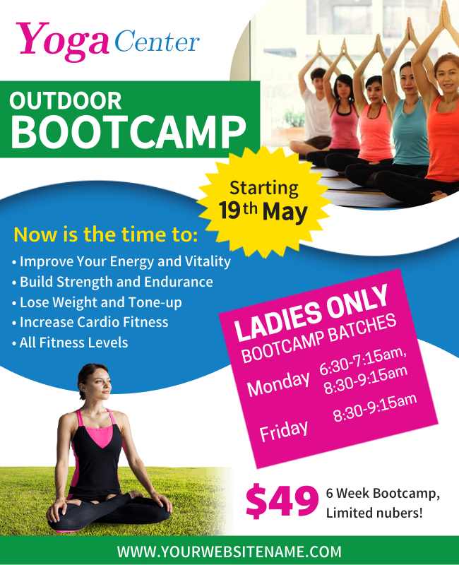 Yoga center bootcamp flyer with serene visuals, focusing on wellness and mindfulness.