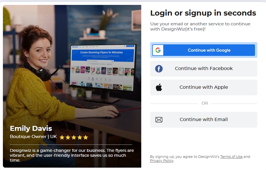 signup process of DesignWiz