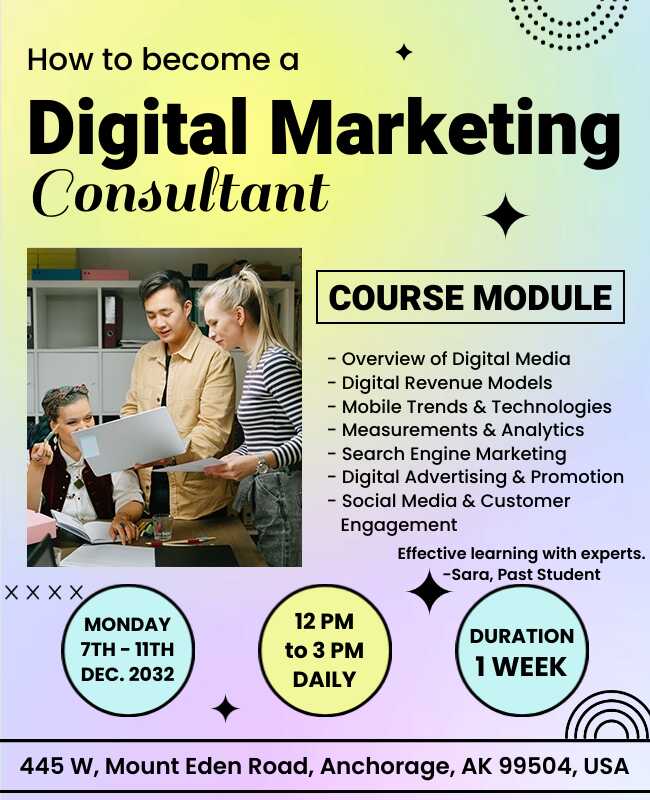 Consultant flyer highlighting digital marketing expertise and services.