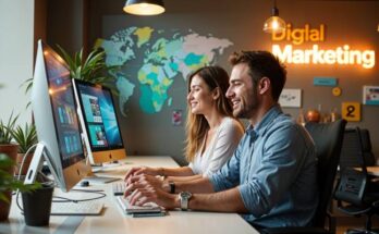 Digital marketing flyer on a desk with a laptop, analytics charts, and marketing icons, representing client engagement.