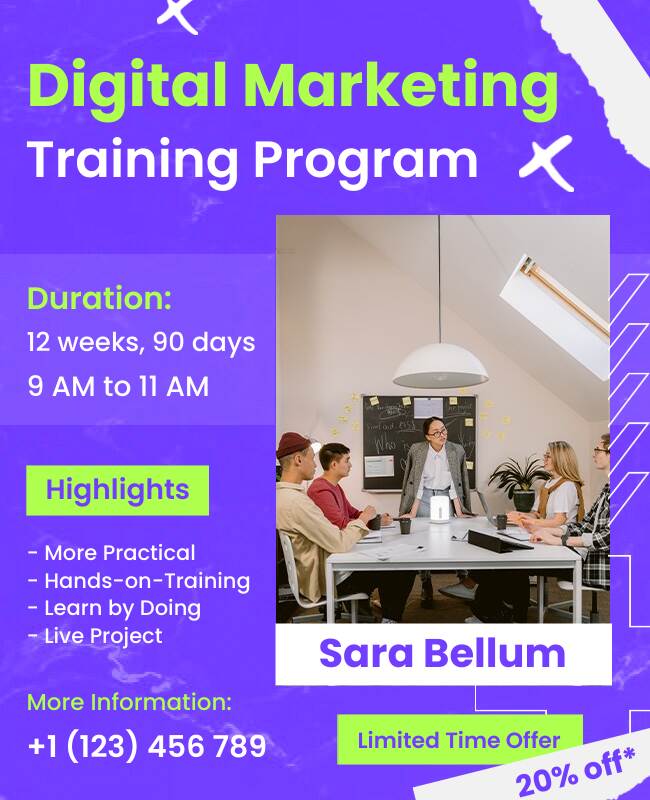 Training flyer for digital marketing workshops and skill development.