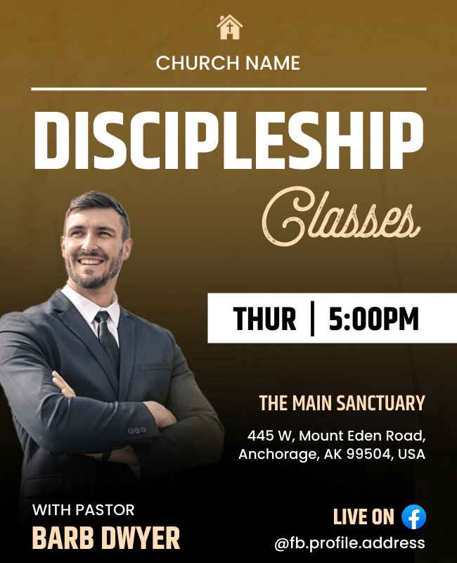 Discipleship class flyer emphasizing faith and learning in a professional layout.