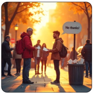 Person handing out flyers to people who show no interest or ignore them.
