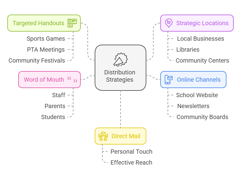 Tips for distributing School Open House Flyers: handouts, strategic locations, mail, online, and word-of-mouth.