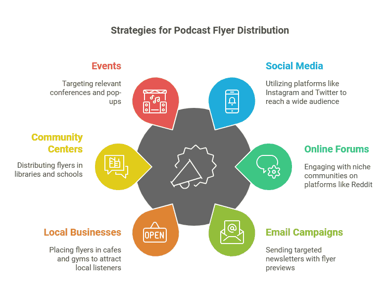 Professional flyer on podcast distribution strategies with icons and infographics.