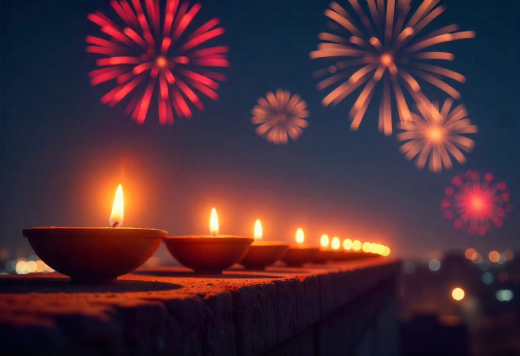 Diyas With Fireworks Background