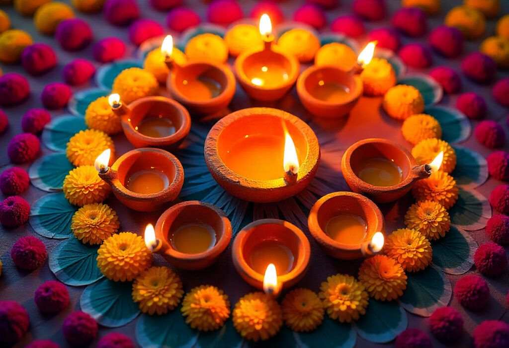 Diyas With Flowers And Rangoli