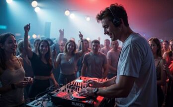 Vibrant DJ event flyer placed on a mixing console, and a lively crowd in back.