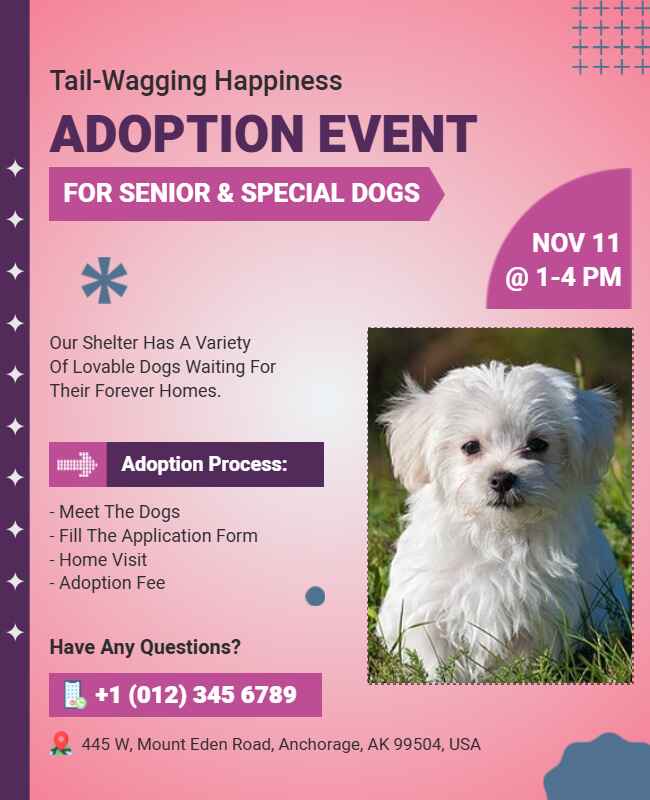 Dog adoption event flyer with vibrant design and event details.