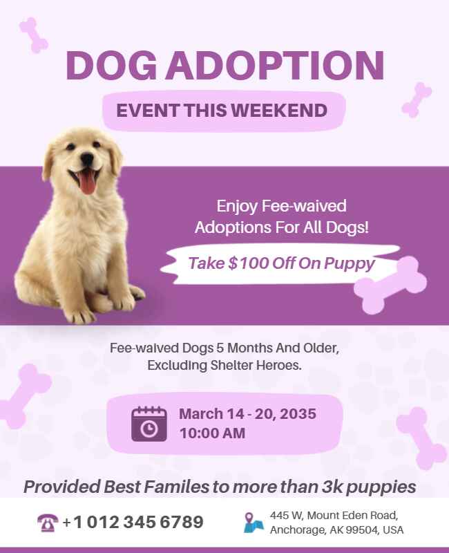 Dog adoption flyer with bold design and pet images.