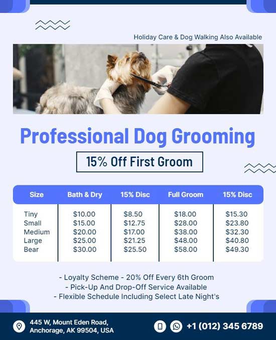 Dog Grooming Discount Flyer Featuring Bold Design and Offer Details