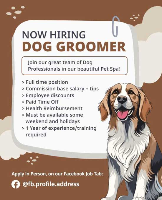 Dog Grooming Hiring Flyer Featuring Clear Design and Job Opportunity Details