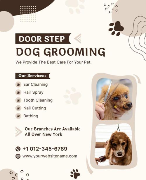 Door-Step Dog Grooming Services Flyer Featuring Convenient Design and Service Details