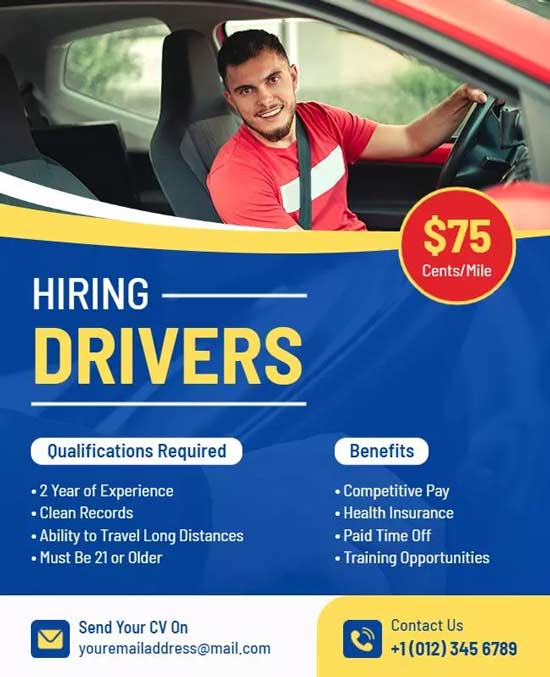 Driver Recruitment Job Opportunity Flyer Highlighting Available Positions and Benefits