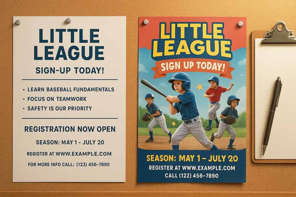 Professional dual-audience little league flyer with parent and child elements balanced