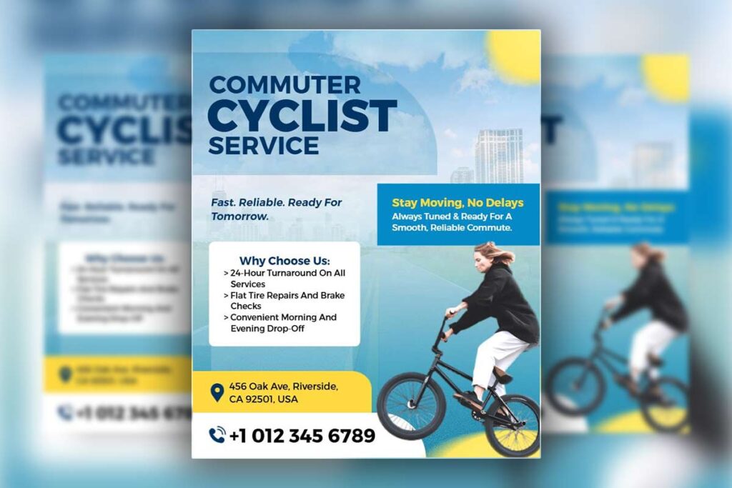 Dynamic Blue Commuter Cyclist Service Promotion Flyer Template