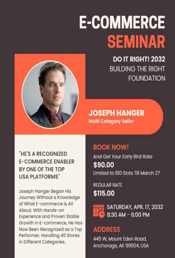 E-Commerce Technology and Innovation Seminar Flyer with Simple Brown And Orange Color Background