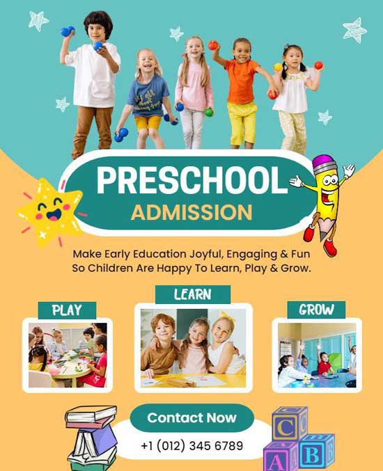 Educational Themed Preschool Admission Flyer Featuring Engaging Design and Enrollment Details