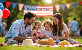 Family celebrating Memorial Day outdoors with picnic, games, and patriotic decorations