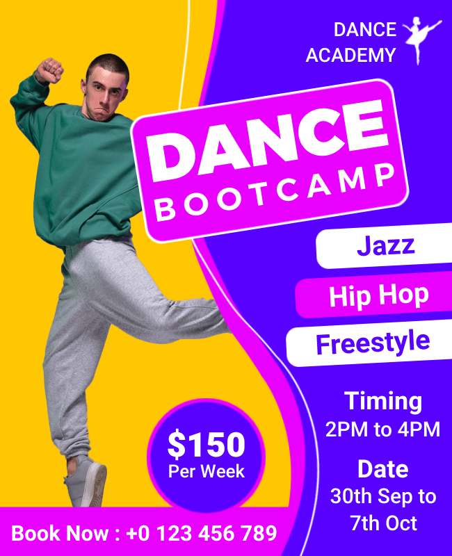 Dynamic dance bootcamp flyer with vibrant colors and visuals of dancers in motion.