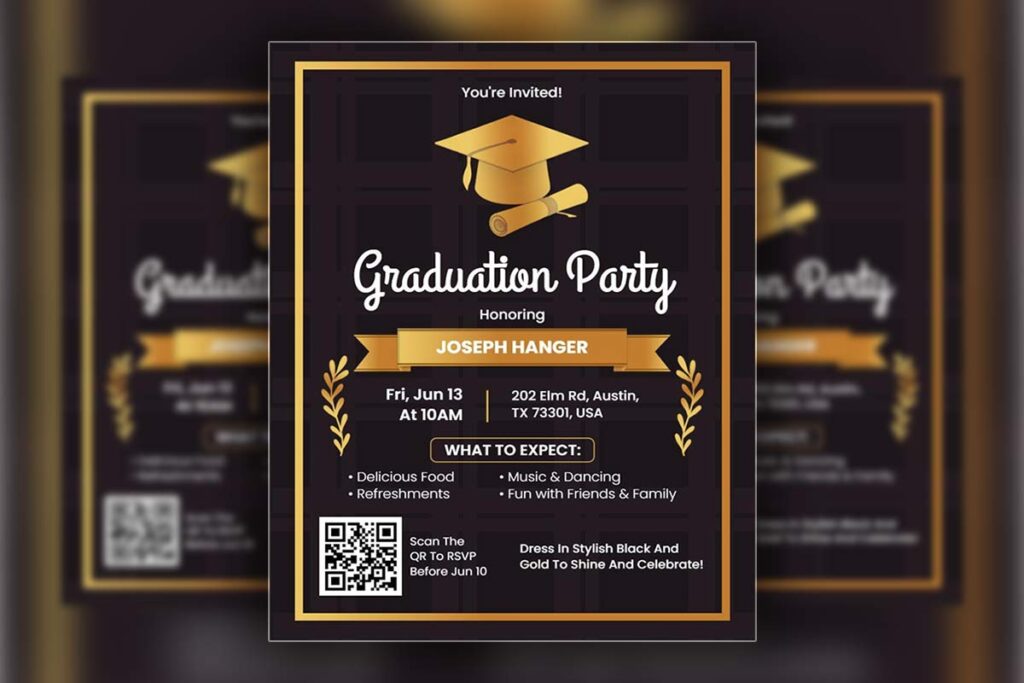 Elegant Black and Gold Graduation Party Flyer Template