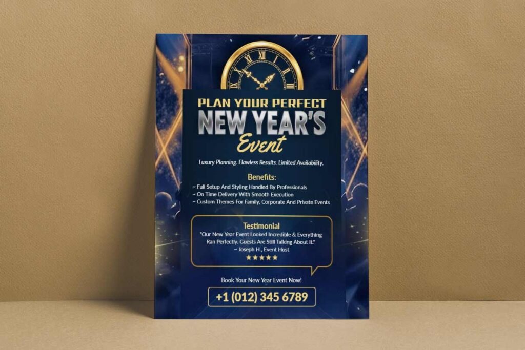 Elegant Blue New Year Event Planning Service Flyer Template
