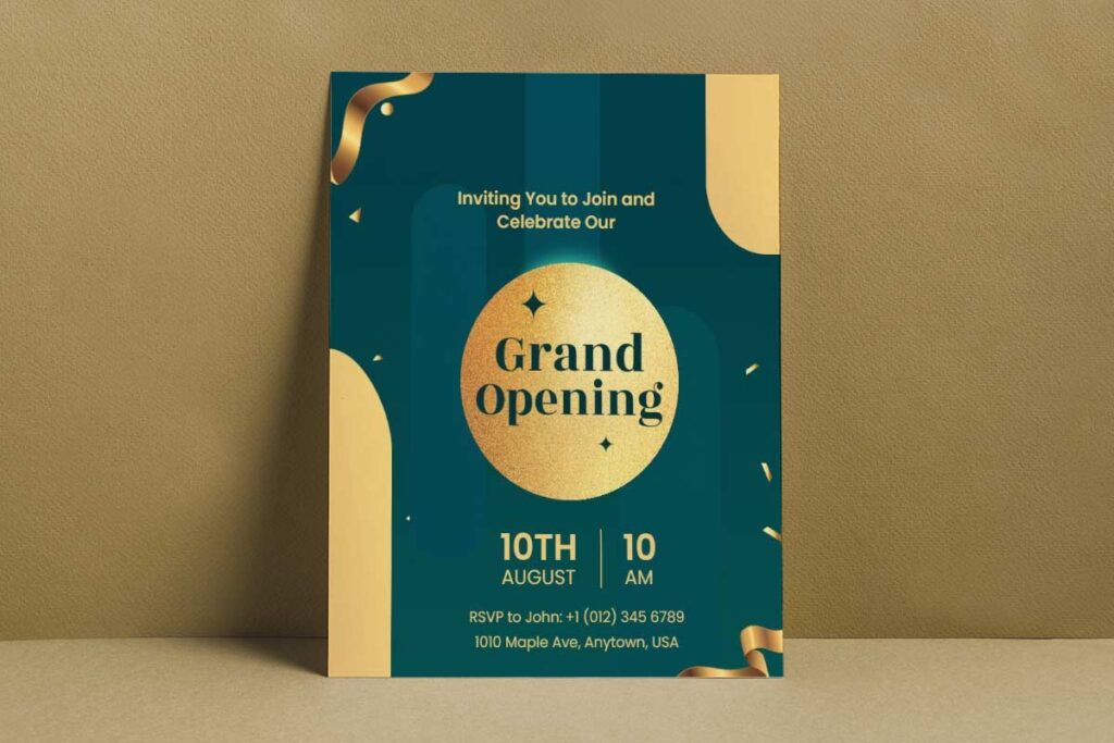 Elegant Green and Gold Grand Opening Celebration Flyer Template