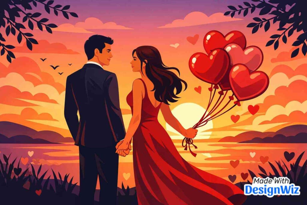 elegant happy valentines day image with couple holding hands at sunset