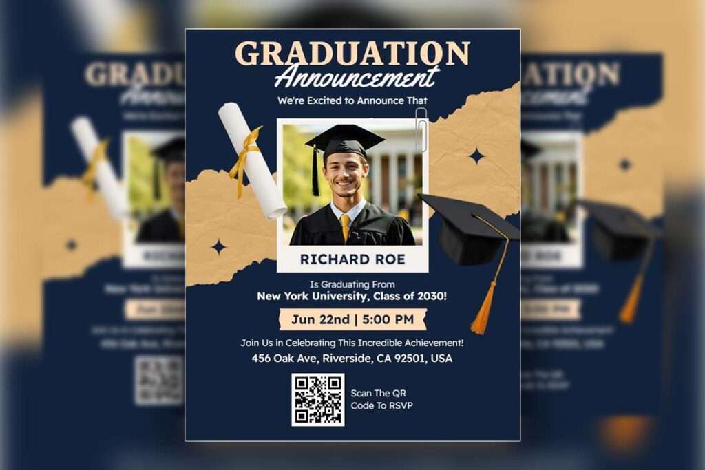 Elegant Navy Blue Graduation Celebration Announcement Flyer Template