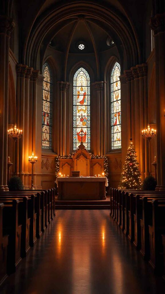 Elegant Religious Christmas Wallpaper Showing Old Cathedral Interior