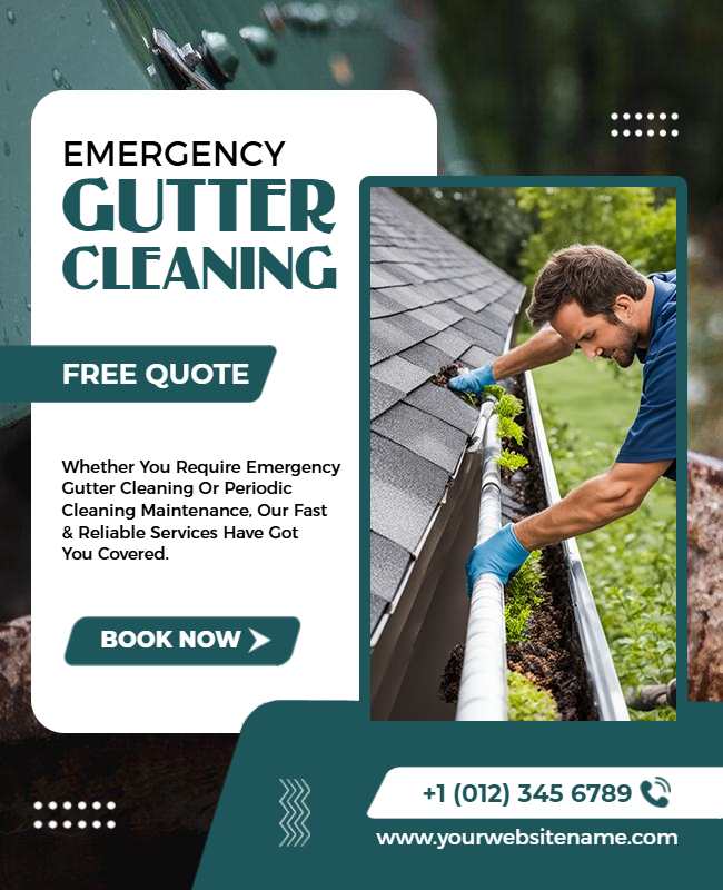 Urgent gutter cleaning service flyer with bold headline and contact information.