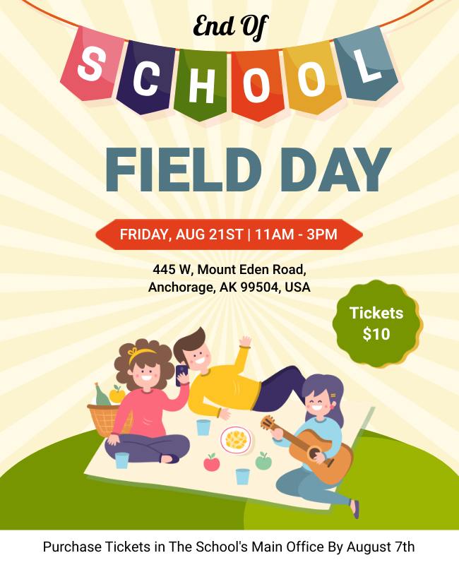 Cartoon-themed field day flyer with playful illustrations and bright colors