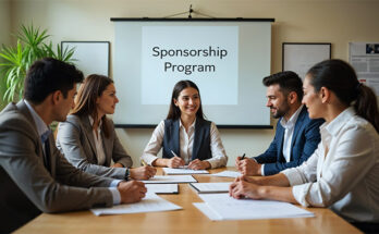 Nonprofit team discussing sponsorship opportunities with a flyer displayed on the table.