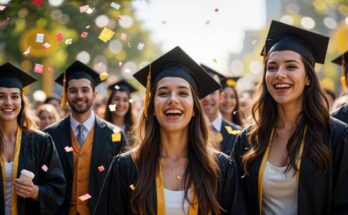 Graduation flyer displayed on a table and cheerful students celebrating in the background.