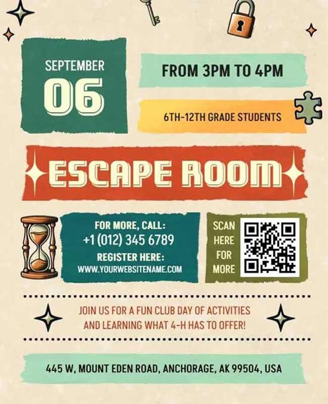 Student Escape Room Activity Flyer with Exciting Puzzle Theme and Event Details