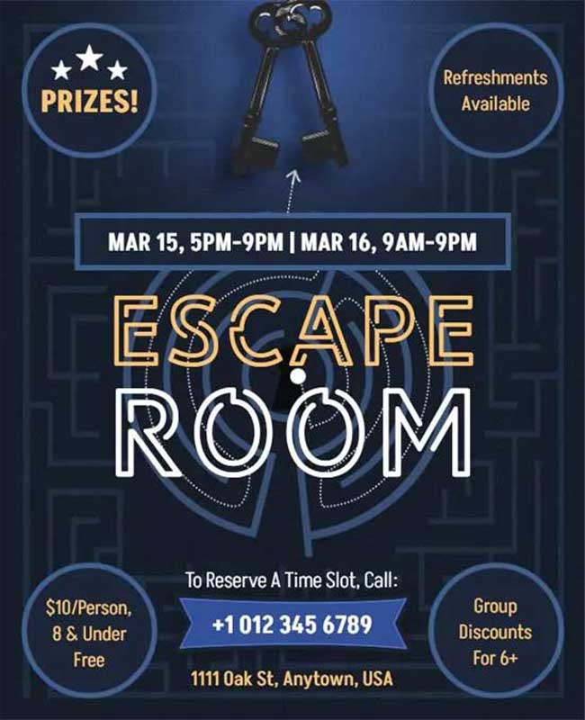 Escape Room Adventure Discount Flyer Design with Thrilling Mystery Elements