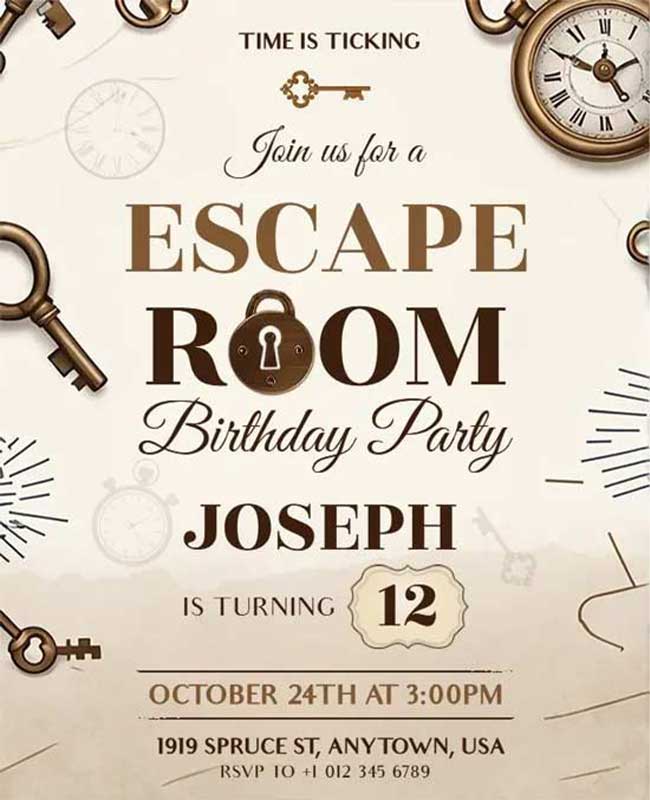 Escape Room Birthday Party Invitation Flyer Featuring Adventure Theme