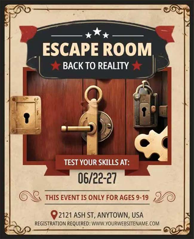 Escape Room Challenge Event Flyer Featuring Puzzles and Adventure Theme