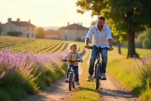european theme father and child cycling imagery