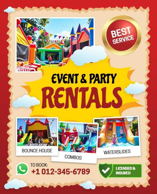 Eye-catching promotional flyer highlighting event and party rental services for all occasions.