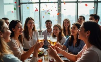 Friends toasting drinks at a joyful indoor celebration