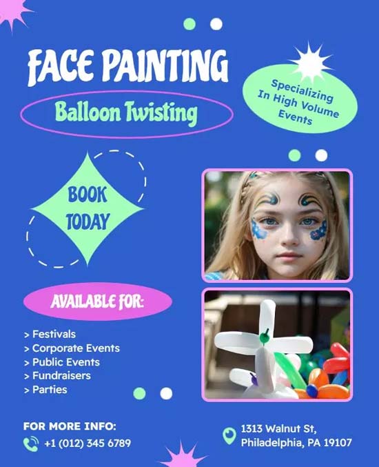 Face Painting and Balloon Twisting Event Flyer with Colorful Graphics and Fun Details