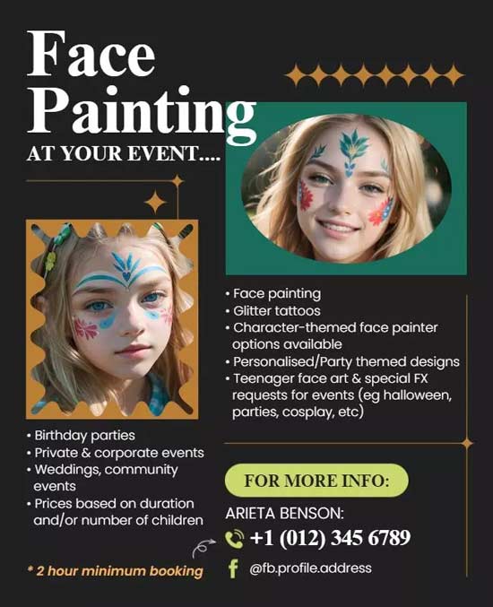 Face Painting Party Services Flyer Featuring Colorful Artwork and Fun Event Details