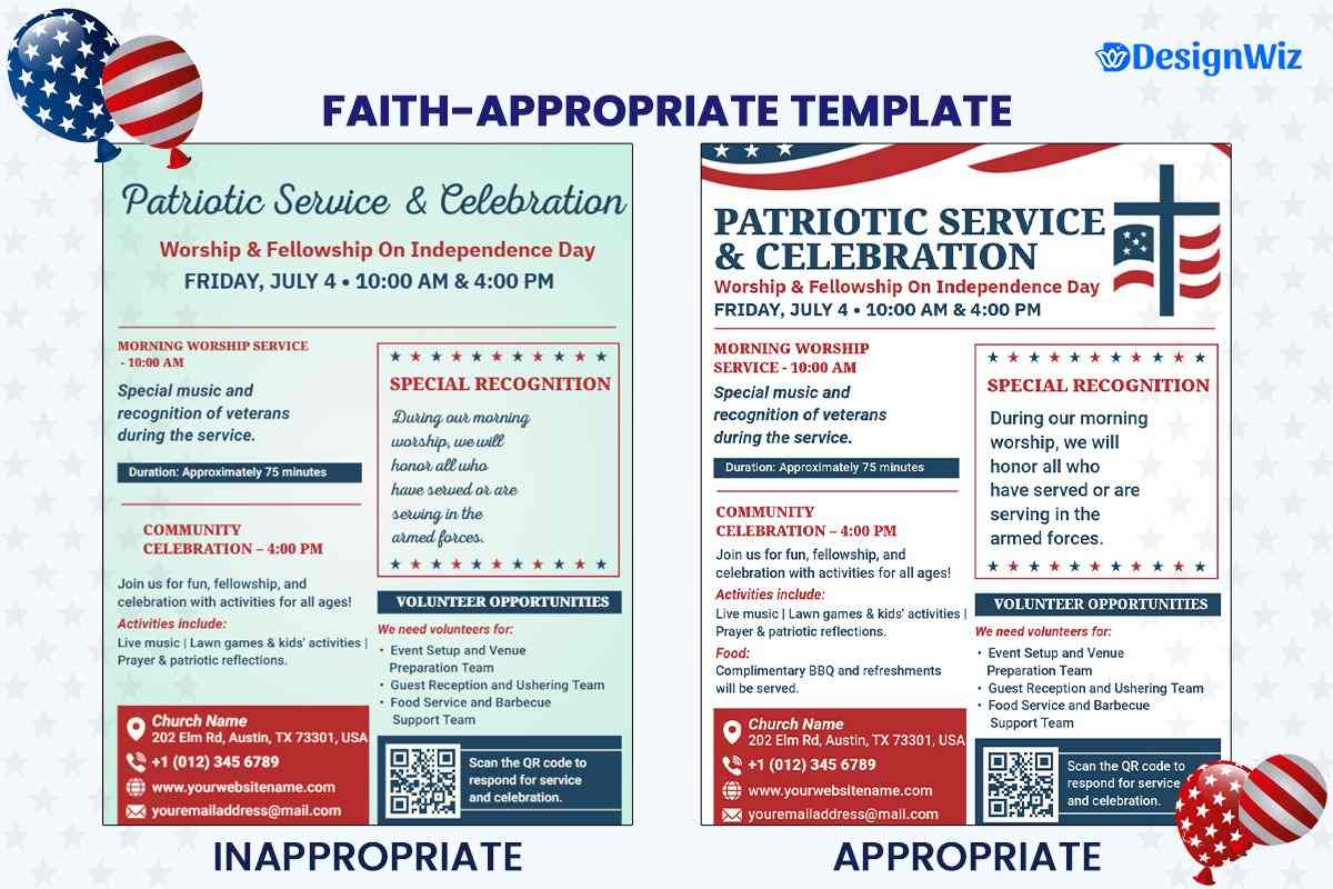 4th of July Church or Non-profit Flyer Template Examples With Annotations Showing Balanced Patriotic Elements