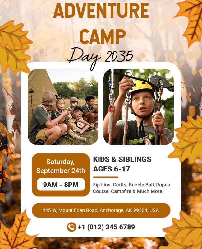 Kids summer camp flyer showcasing hiking and team activities for an adventurous experience.