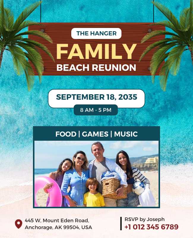 Vibrant beach-themed family reunion flyer featuring tropical colors, palm trees, and fun event details.