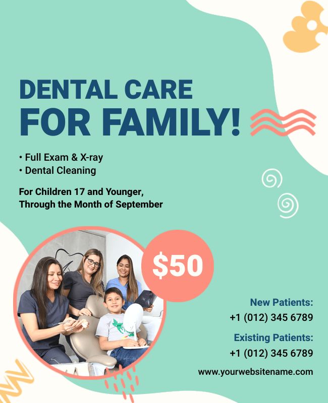 Family Dental Practice flyer offering services for all ages with a focus on comprehensive care